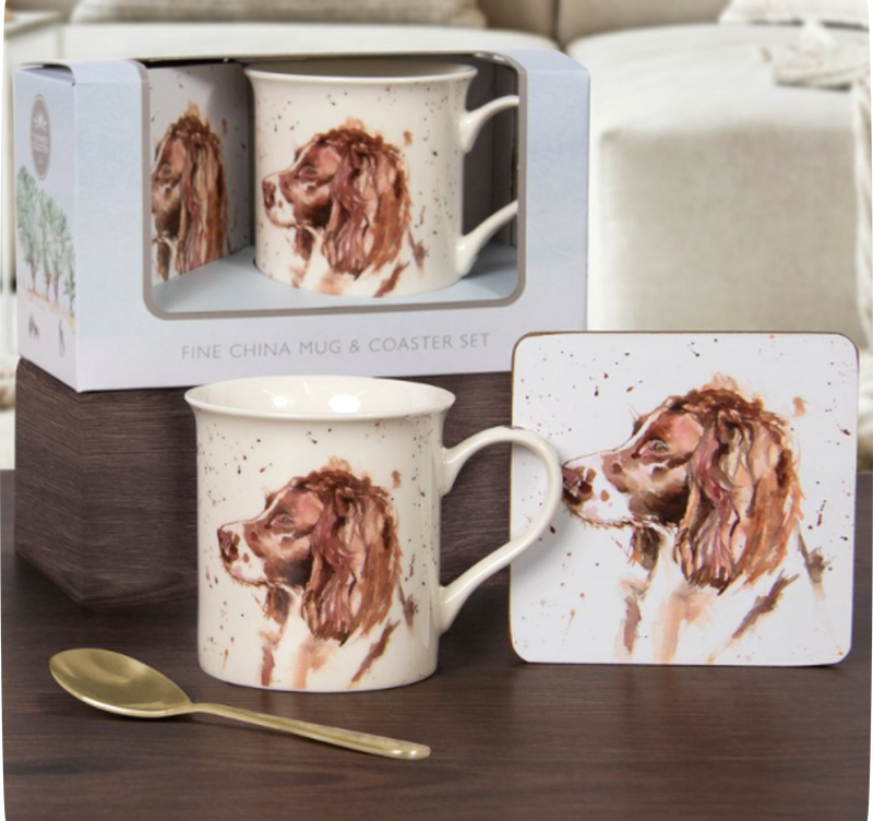 Springer Spaniel china Mug & Coaster set, a Jennifer Rose design from the Man's Best Friend range by Leonardo, gift boxed