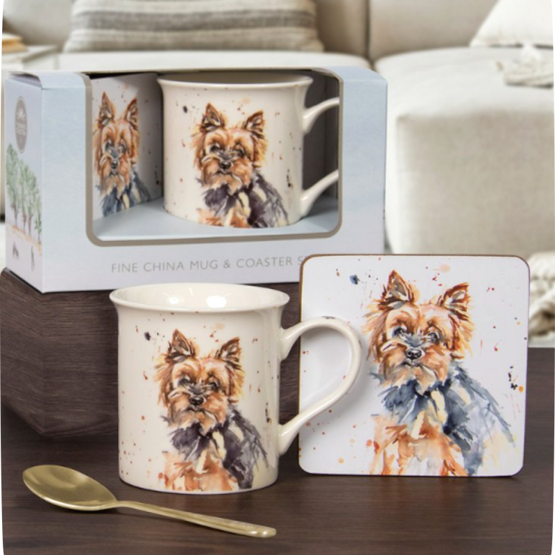Yorkshire Terrier china Mug & Coaster set, a Jennifer Rose design from the Man's Best Friend range by Leonardo, gift boxed