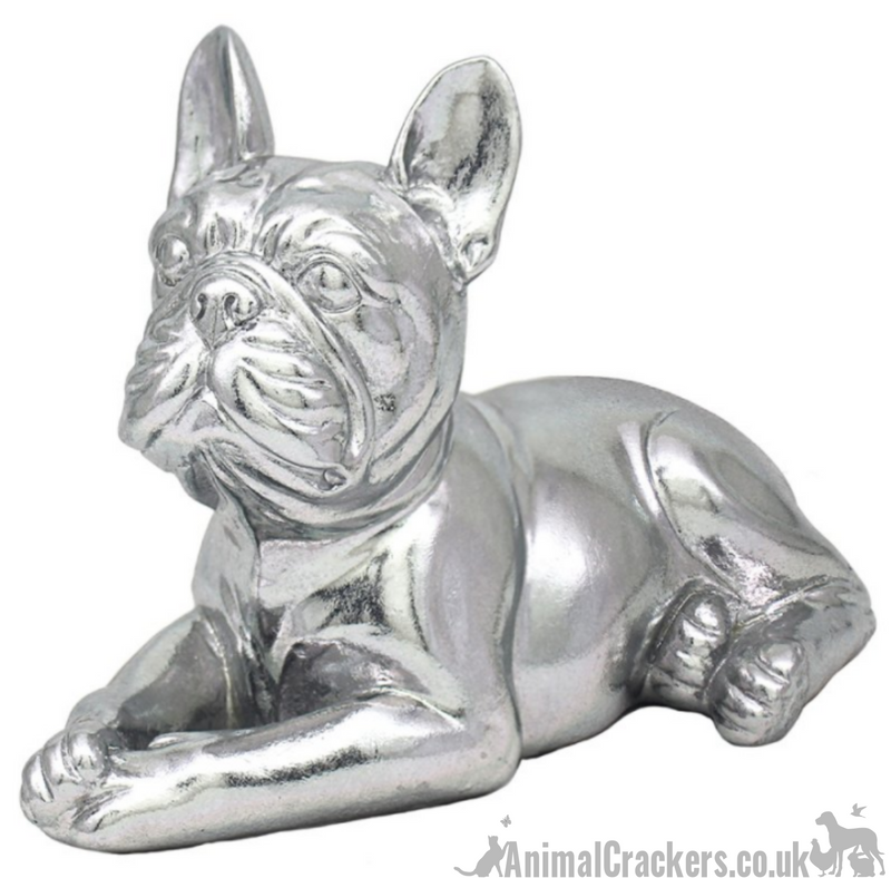 Lesser & Pavey 'Silver Art' heavy resin silver effect laying French Bulldog figurine ornament, Frenchie lover gift