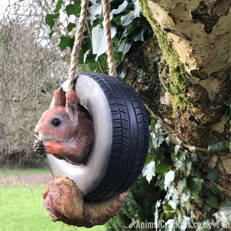 Squirrel climbing through tyre swinging on a rope novelty garden ornament decoration, squirrel lover gift
