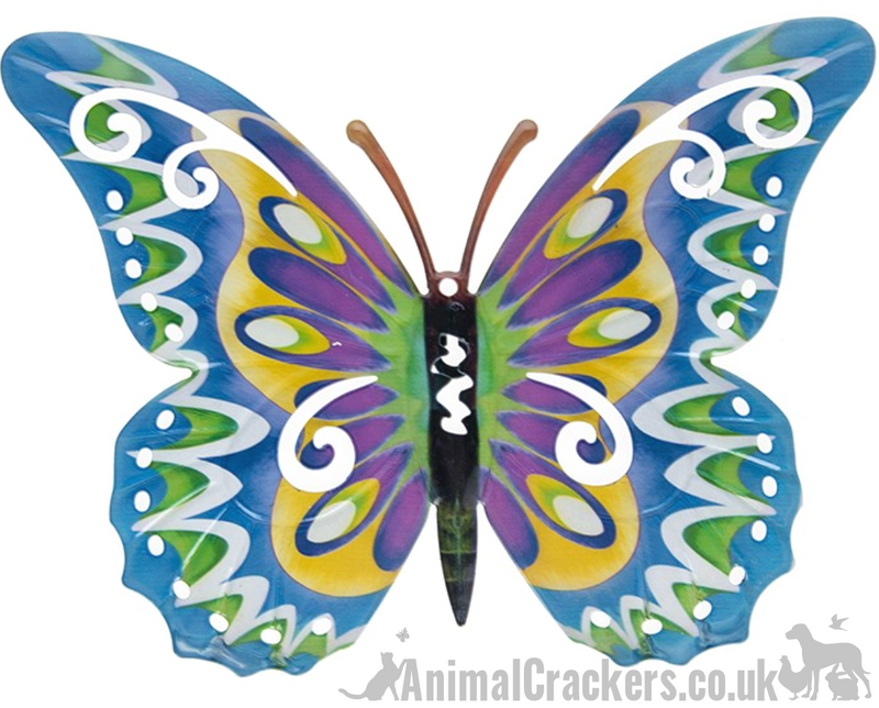 Large 35cm Pastel Blue & multi colour metal Butterfly ornament wall art decoration