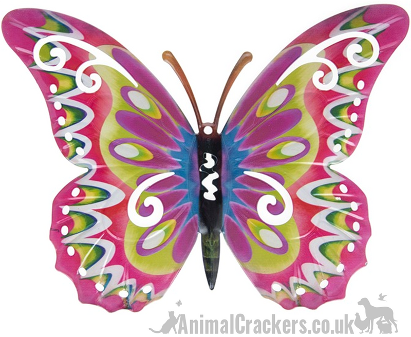 Large 35cm bright Pink multi colour metal Butterfly ornament wall art decoration