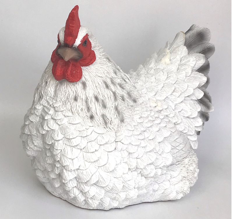 Realistic sitting White Hen ornament, country kitchen or garden decoration