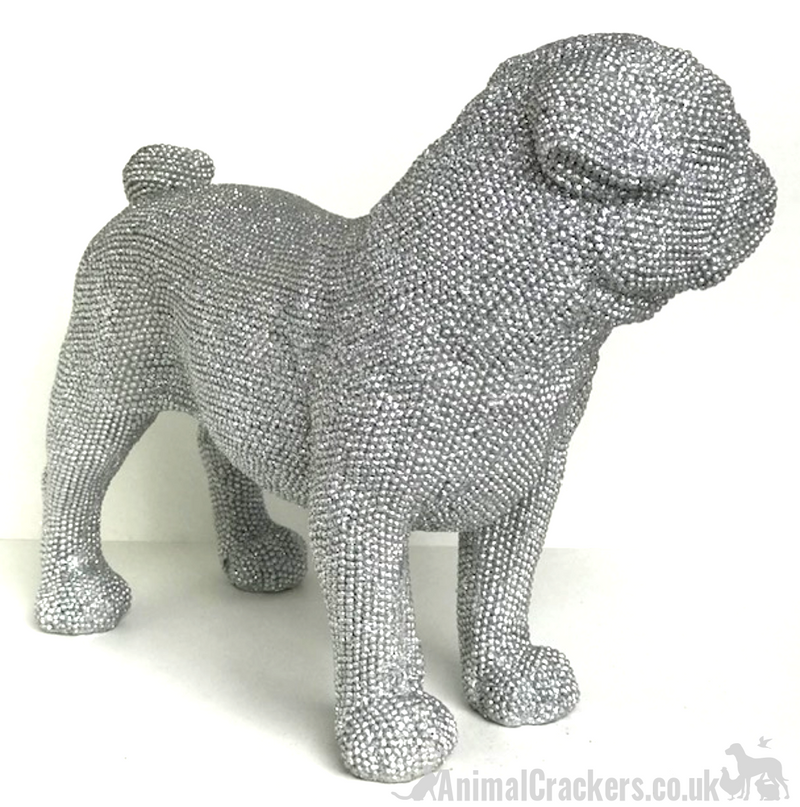 EXTRA LARGE!! 32cm Glitzy silver glitter diamante standing Pug ornament decoration