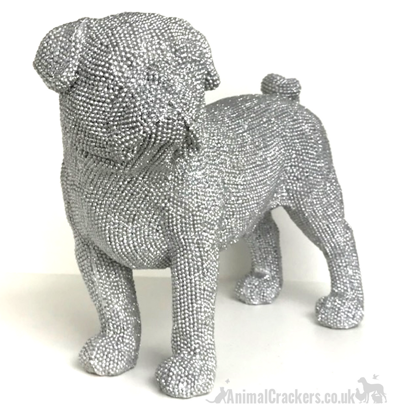 EXTRA LARGE!! 32cm Glitzy silver glitter diamante standing Pug ornament decoration