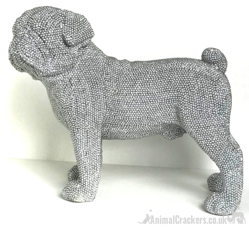 EXTRA LARGE!! 32cm Glitzy silver glitter diamante standing Pug ornament decoration