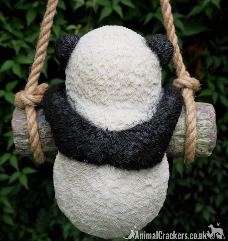 Panda swinging on a log rope swing, hanging tree decoration, great novelty panda lover gift