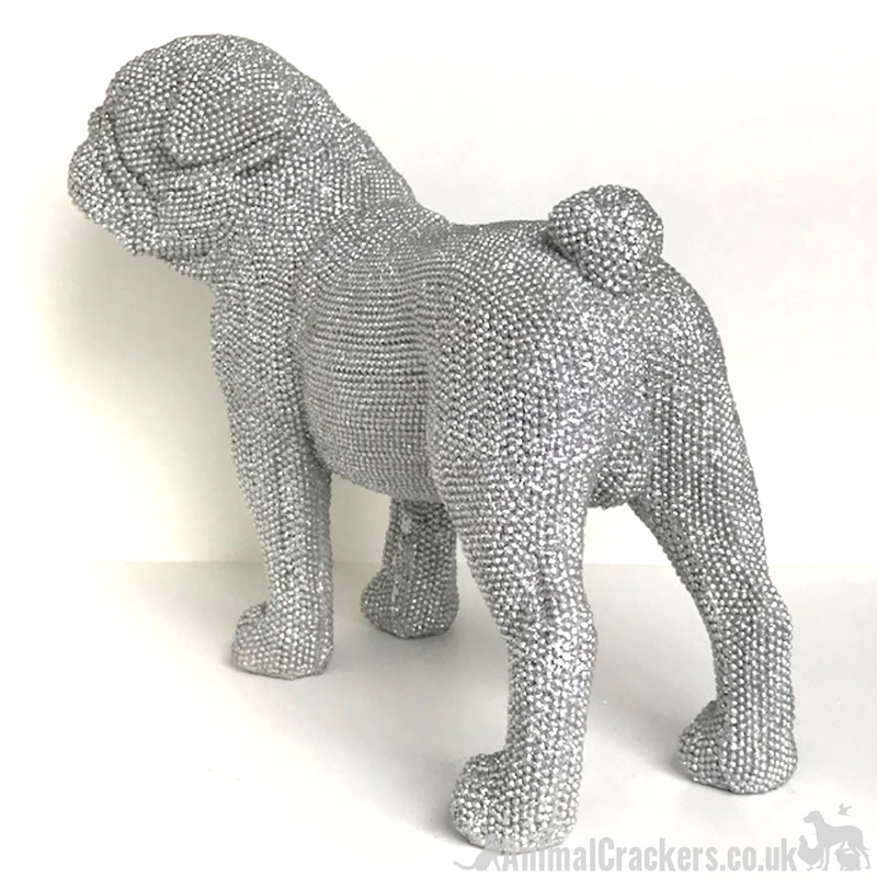 EXTRA LARGE!! 32cm Glitzy silver glitter diamante standing Pug ornament decoration