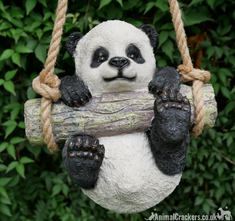 Panda swinging on a log rope swing, hanging tree decoration, great novelty panda lover gift