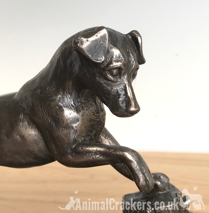 Heavy Cold Cast Bronze Jack Russell Terrier on a rock figurine by Harriet Glen, fabulous quality ornament