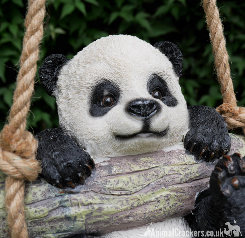 Panda swinging on a log rope swing, hanging tree decoration, great novelty panda lover gift