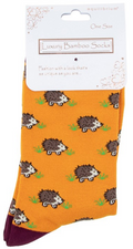 Ladies quality Bamboo Hedgehog design socks in Mustard or Pink