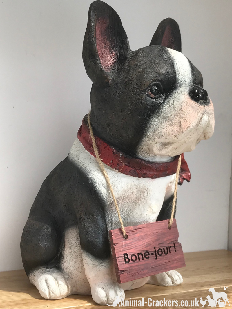 French Bulldog with 'Bone Jour!' play on words sign ornament, novelty Frenchie lover gift
