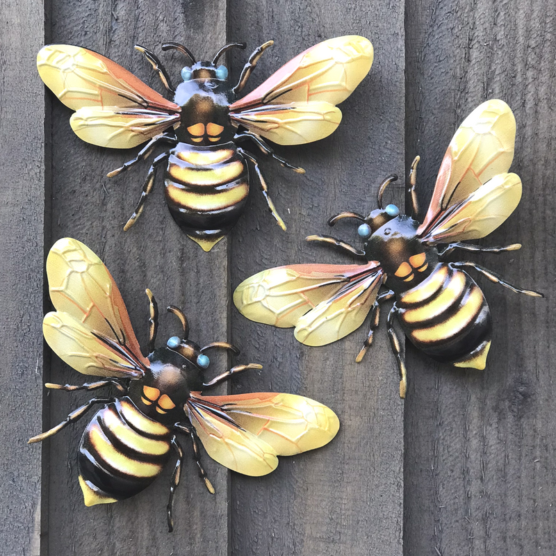 Copy of 3 x YELLOW 18cm Metal Bees, bright colour garden decoration novelty  Bee lover gift
