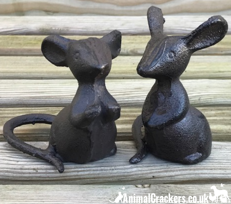 Set of 2 heavy solid cast iron mice indoor ornaments or garden decorations, great mouse lover gift