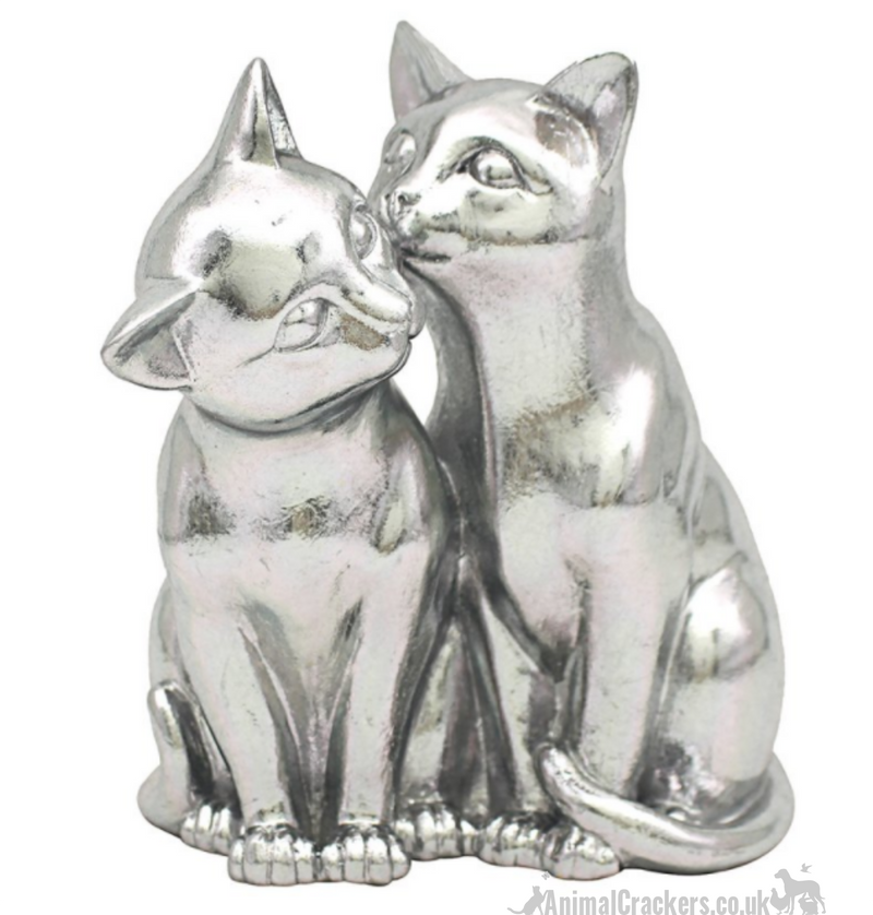 Lesser & Pavey 'Silver Art' heavy resin silver effect 'Two Cats Licking' figurine ornament, Cat lover gift