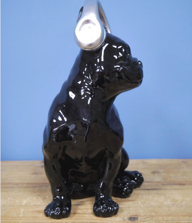 Glossy black Boston Terrier wearing headphones ornament, Frenchie French Bulldog lover gift
