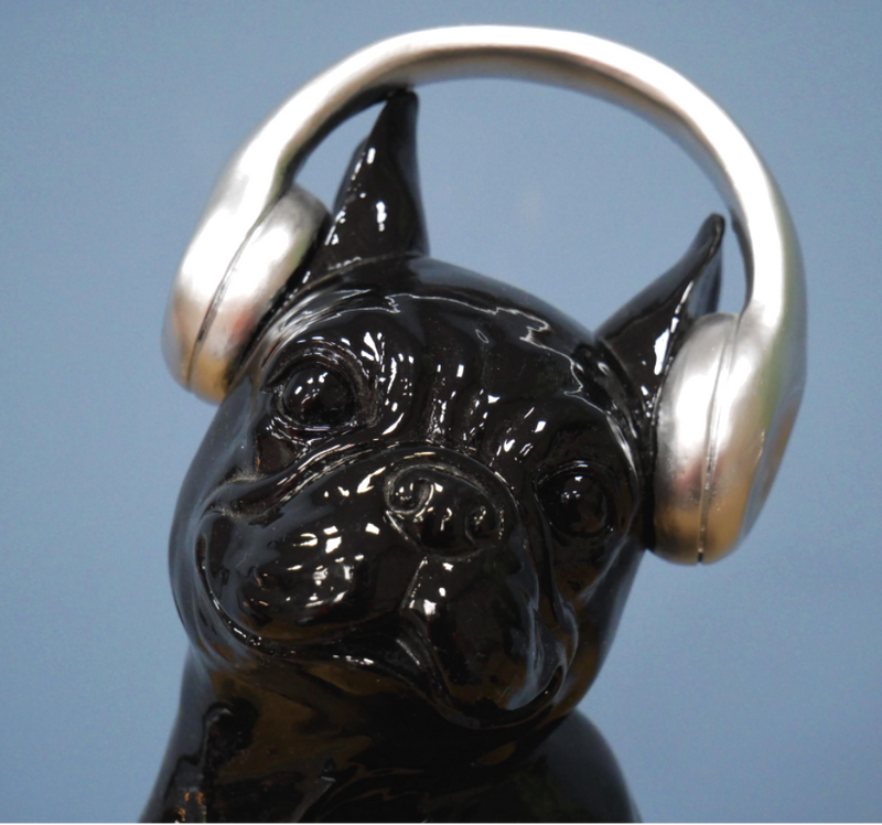 Glossy black Boston Terrier wearing headphones ornament, Frenchie French Bulldog lover gift