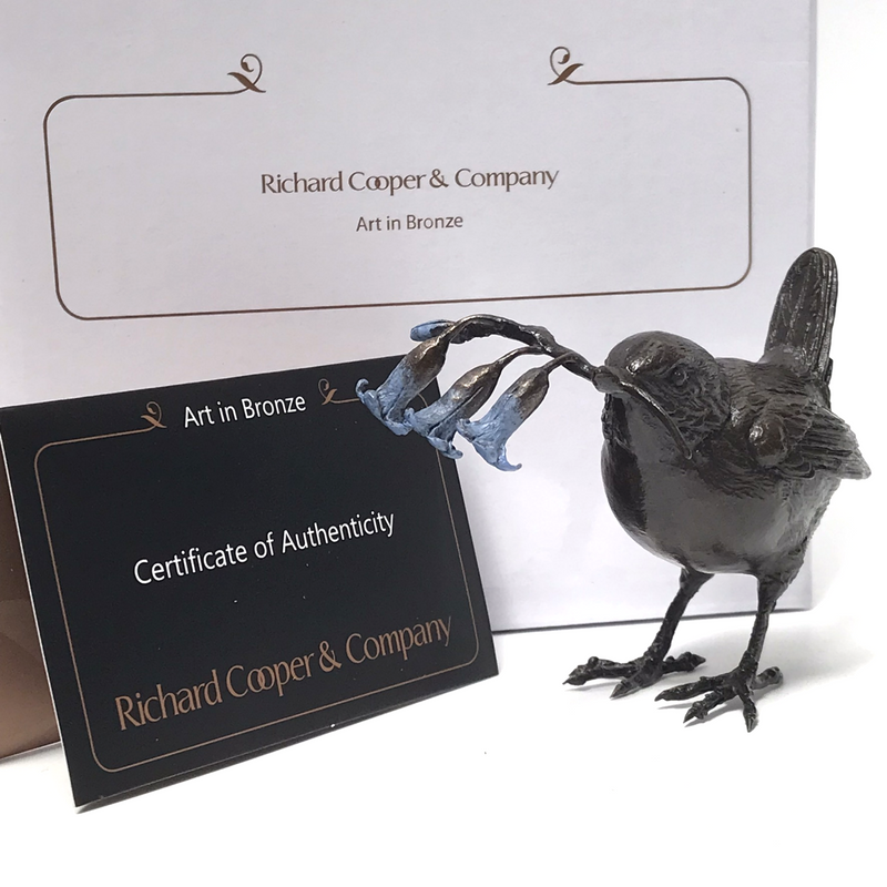 LIMITED EDITION solid bronze Wren with Bluebells figurine by Keith Sherwin