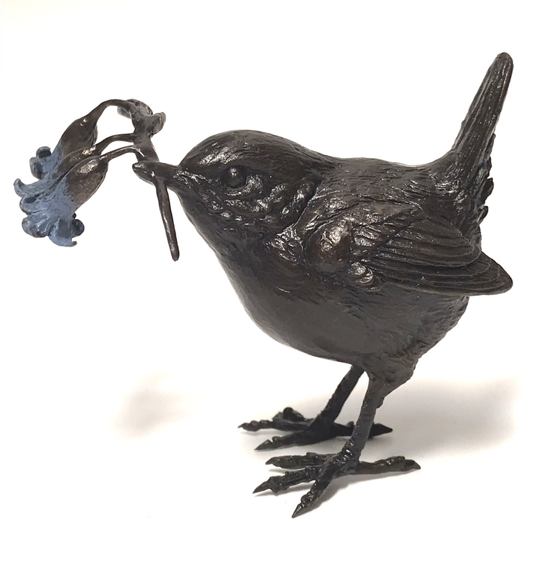 LIMITED EDITION solid bronze Wren with Bluebells figurine by Keith Sherwin