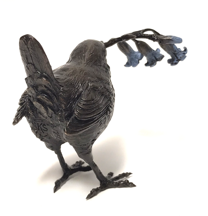 LIMITED EDITION solid bronze Wren with Bluebells figurine by Keith Sherwin
