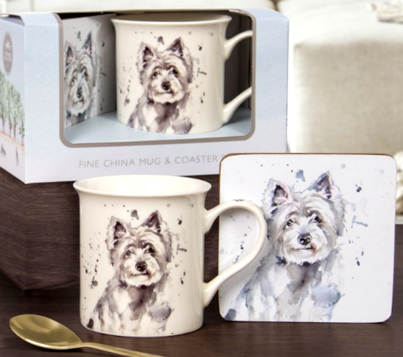 West Highland Terrier china Mug & Coaster set, a Jennifer Rose design from the Man's Best Friend range by Leonardo, gift boxed