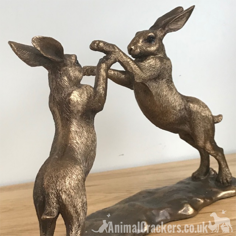 Bronze effect Boxing Hares ornament figurine Leonardo bronzed range, gift boxed