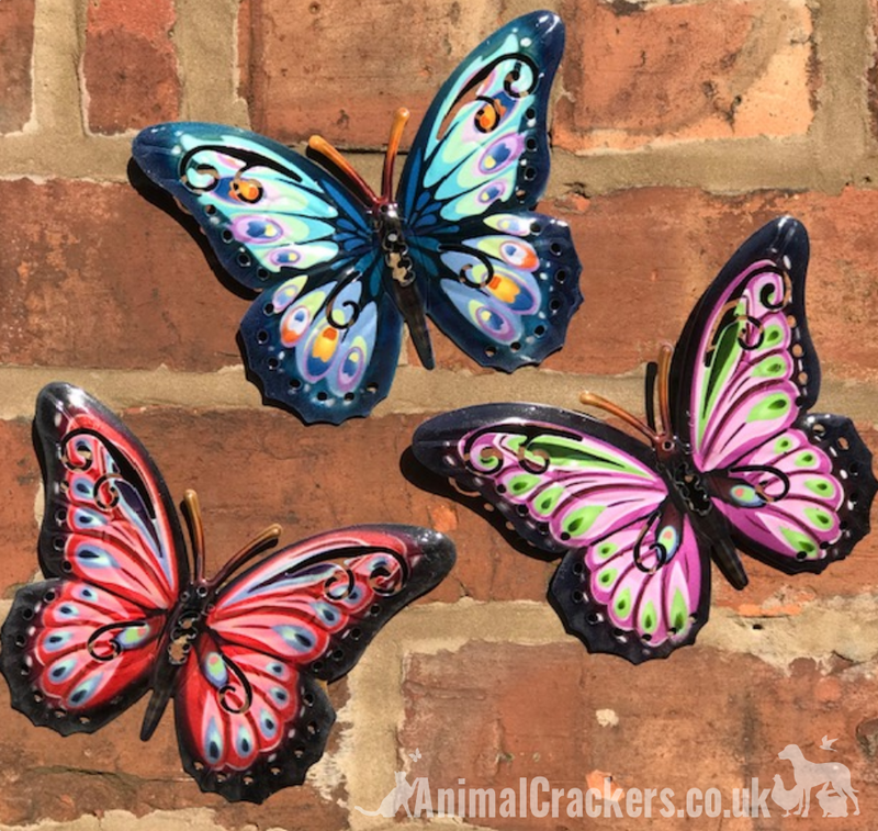 3x 16cm colourful (Red, Blue and Pink) Metal Butterflies, indoor or garden decoration