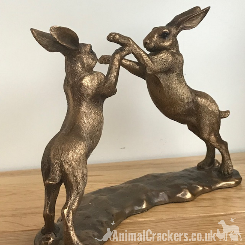 Bronze effect Boxing Hares ornament figurine Leonardo bronzed range, gift boxed