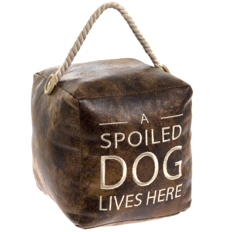 Heavy brown faux leather 'A spoiled Dog Lives Here' door doorstop Dog lover gift