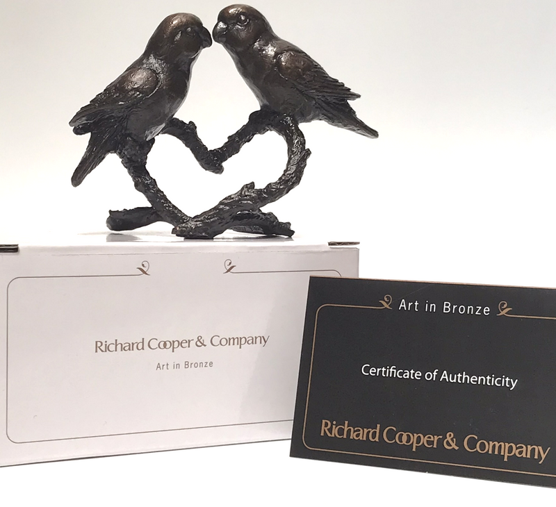 LIMITED EDITION Solid bronze Lovebirds on Heart shaped branch, designed by Keith Sherwin, with quality gift box & certificate of authenticity
