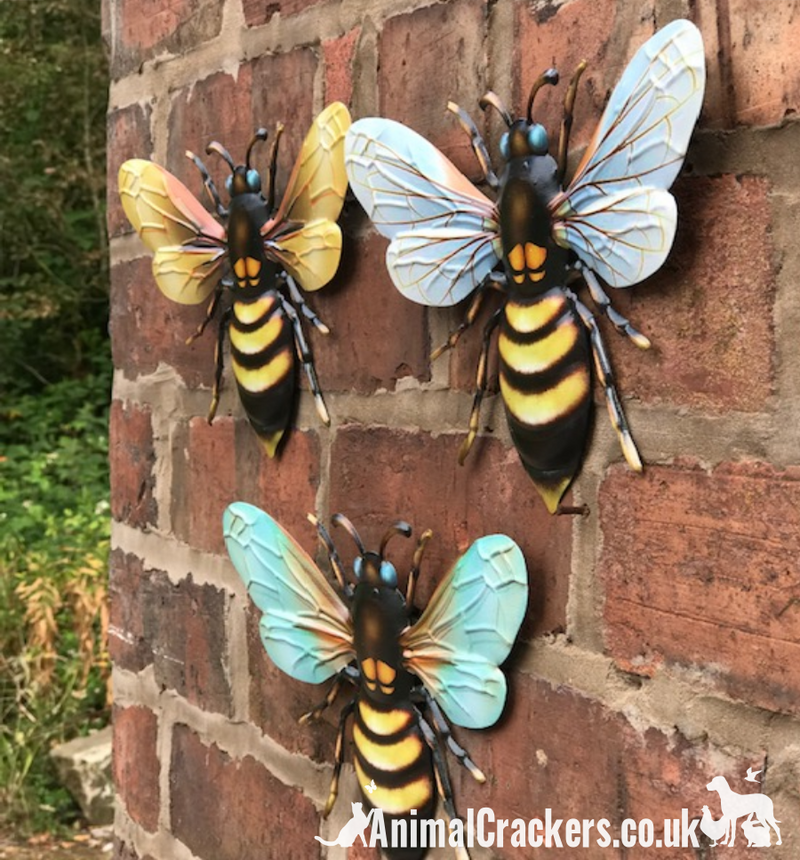 3 x Large (25cm) Metal Bees Colourful garden decoration novelty wall art Bee lover gift