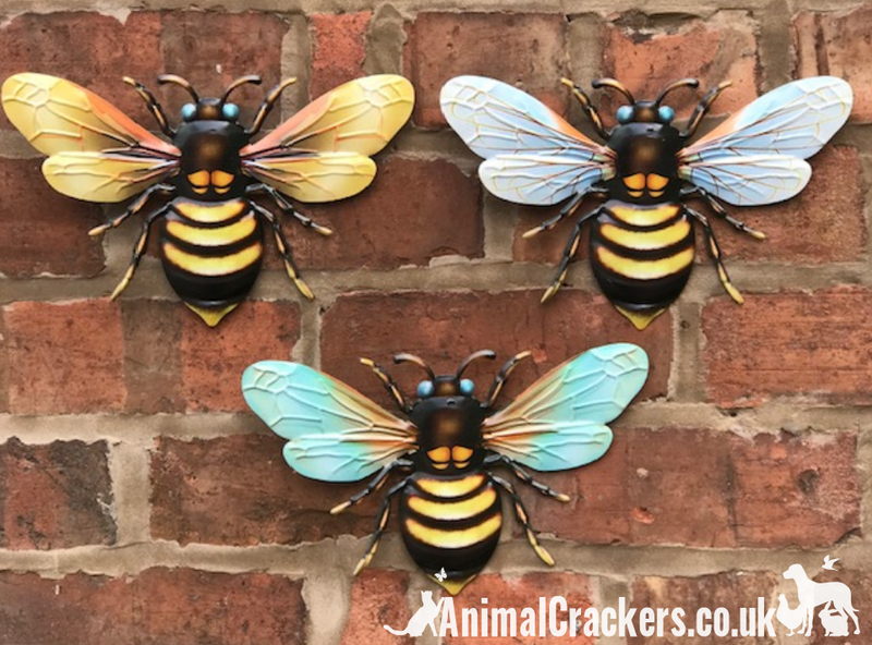 3 x Large (25cm) Metal Bees Colourful garden decoration novelty wall art Bee lover gift