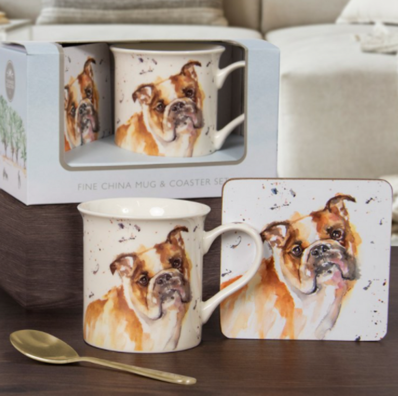 English Bulldog china Mug & Coaster set, a Jennifer Rose design from the Man's Best Friend range by Leonardo, gift boxed