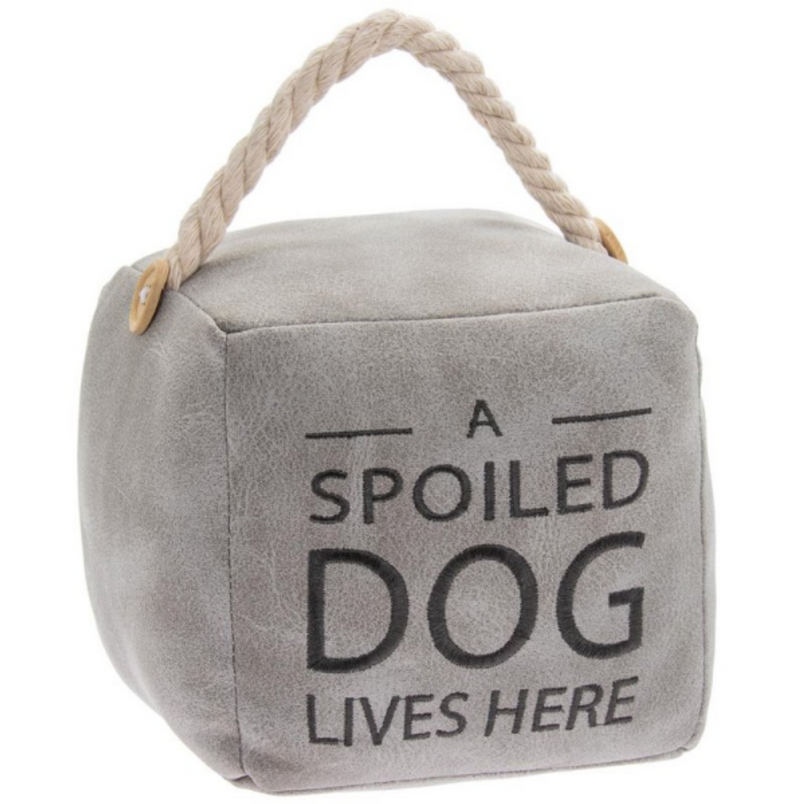 Heavy grey faux leather 'A spoiled Dog Lives Here' door doorstop Dog lover gift
