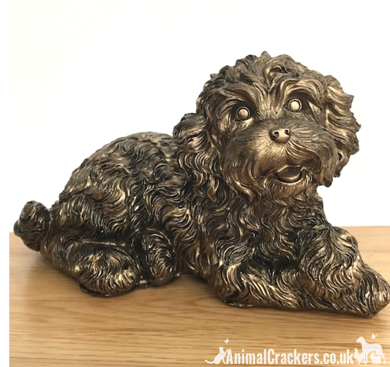 SET OF TWO extremely cute bronze effect Cockapoo ornament figurines, one laying, one playing, lovely Doodle Dog lover gift