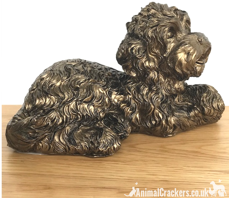 SET OF TWO extremely cute bronze effect Cockapoo ornament figurines, one laying, one playing, lovely Doodle Dog lover gift