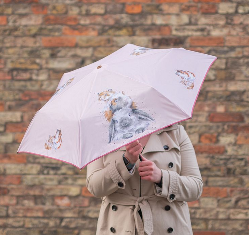 Wrendale Designs Pink 'Piggy in the Middle' Umbrella with Guinea Pig, Hamster & Rabbit images