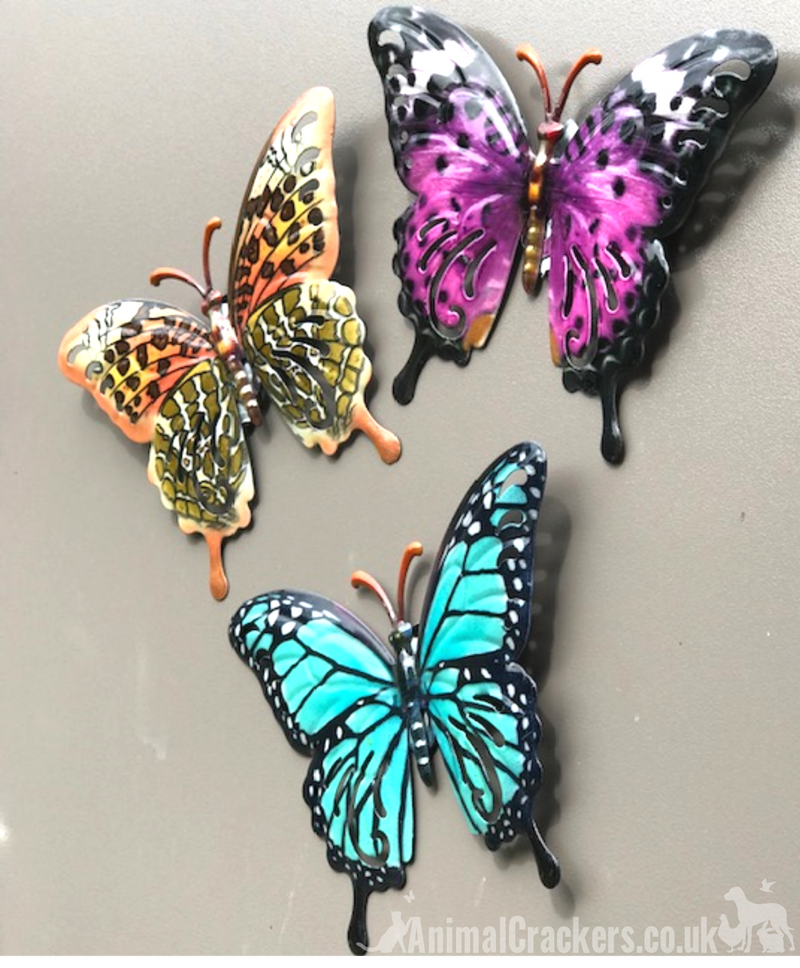 Set of 3 bright 16cm Metal Butterflies in Orange, Purple & Blue