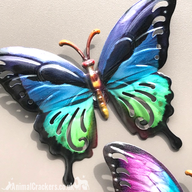 Set of 3 bright multicoloured 16cm Metal Butterflies garden decoration wall art