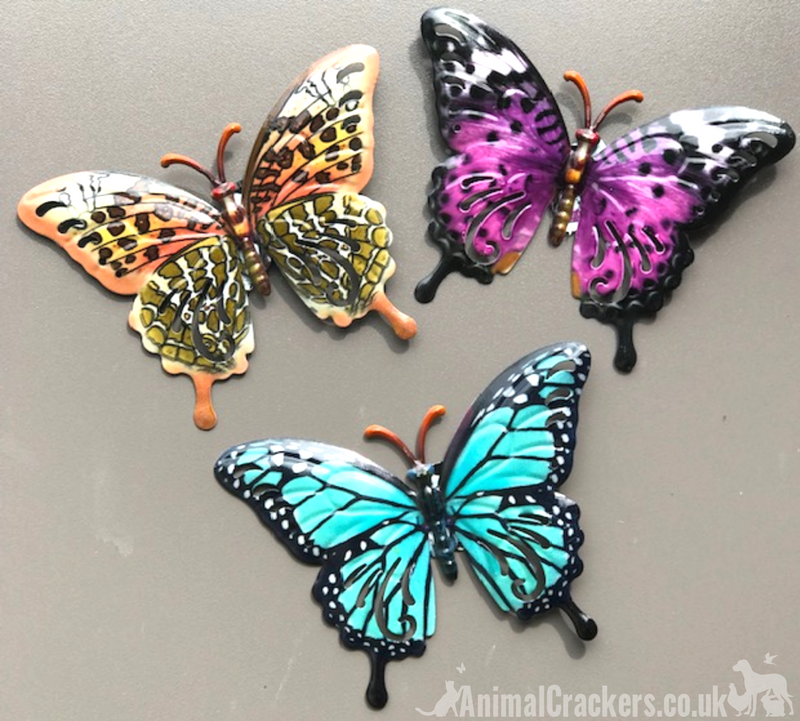 Set of 3 bright 16cm Metal Butterflies in Orange, Purple & Blue