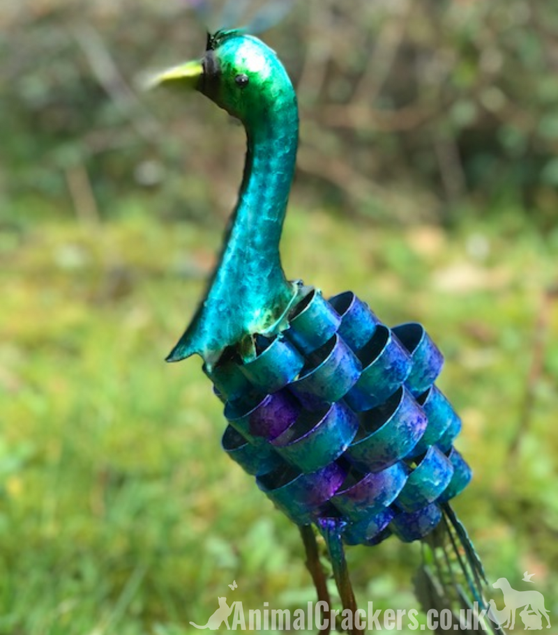 Maxine Peacock garden ornament sculpture, bright shiny colourful painted metal glossy with finish