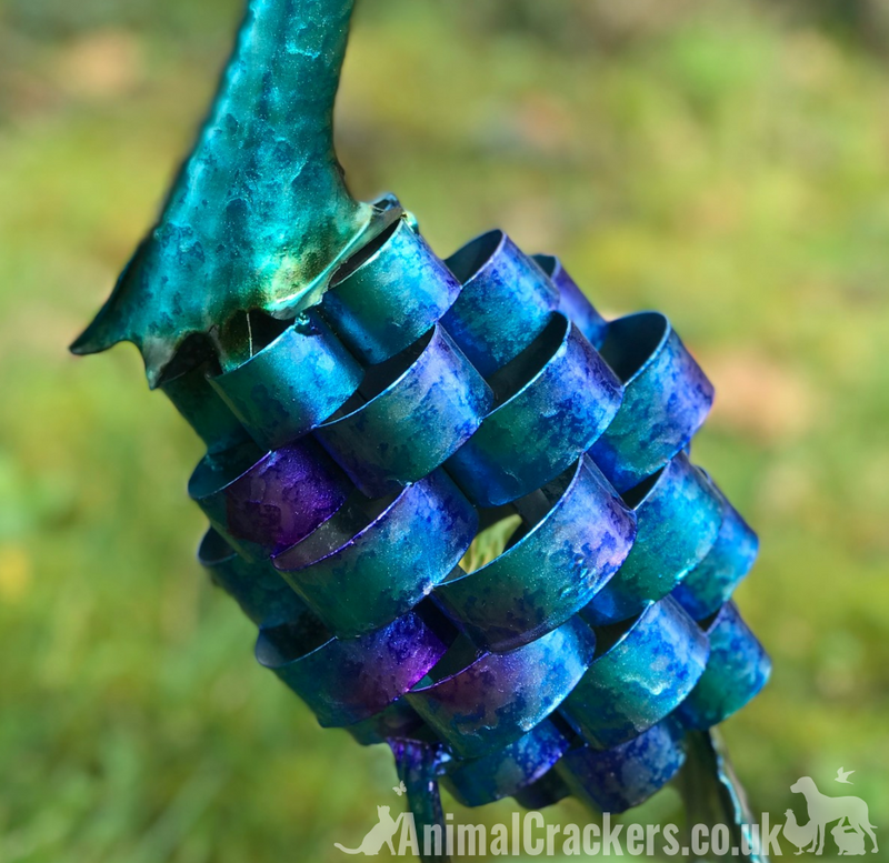 Maxine Peacock garden ornament sculpture, bright shiny colourful painted metal