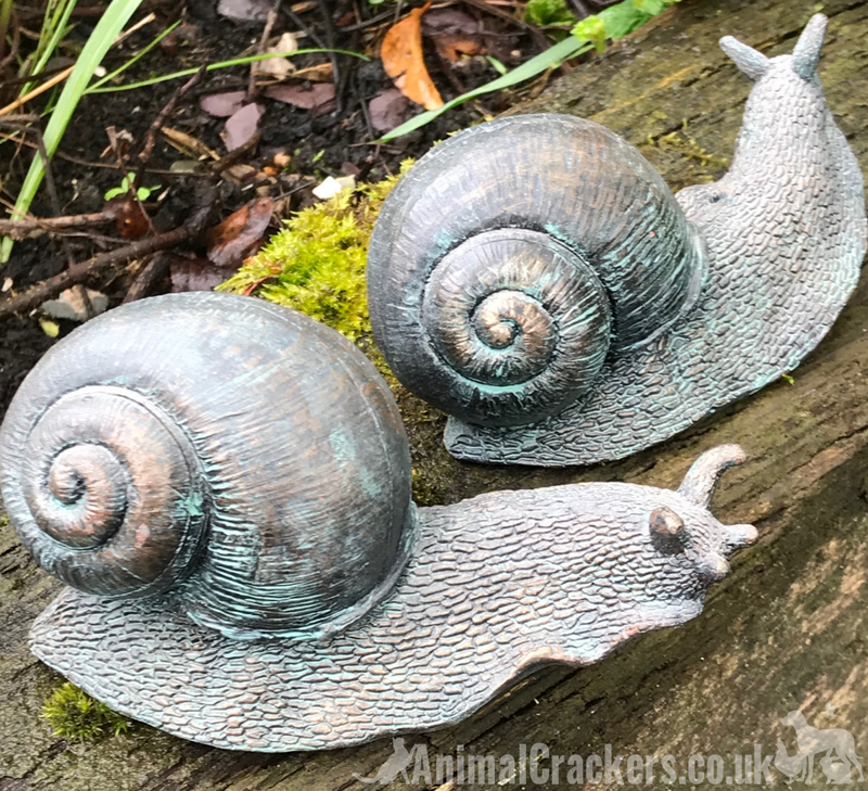 Set of 2 aged bronze effect resin Snail ornaments, garden pond decoration