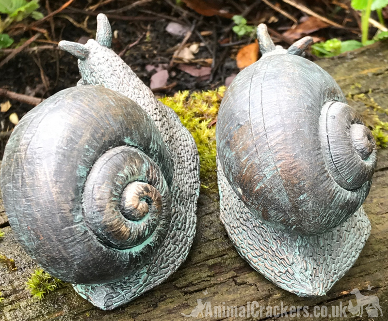 Set of 2 aged bronze effect resin Snail ornaments, garden pond decoration