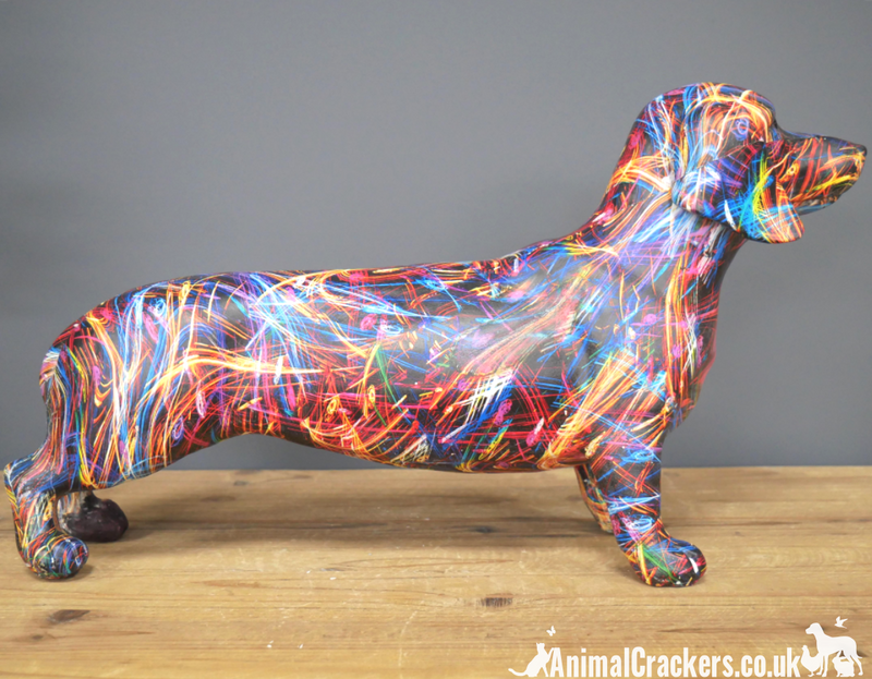 Large (42cm long) Dachshund colour splash ornament figurine, great novelty Sausage Dog lover gift