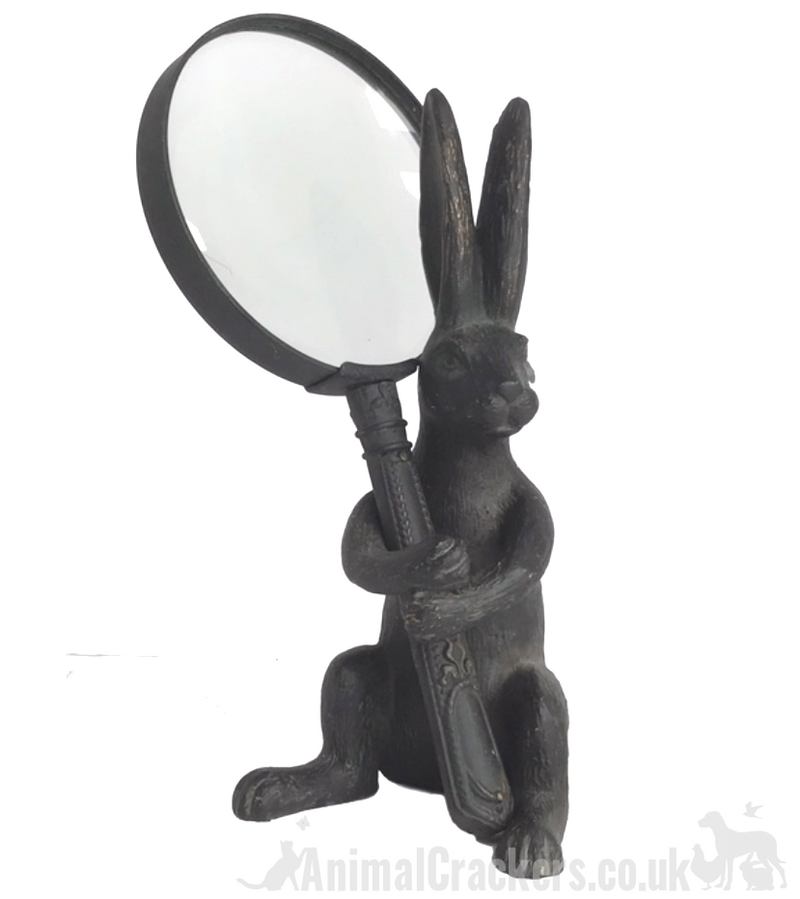 Bronze effect Hare with magnifying glass ornament figurine, Rabbit lover gift