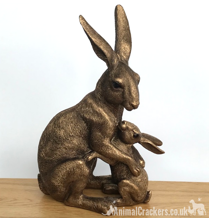 Large (25.5cm high) Leonardo Reflections Bronzed range bronze effect Hare with Baby ornament figurine in quality gold gift box