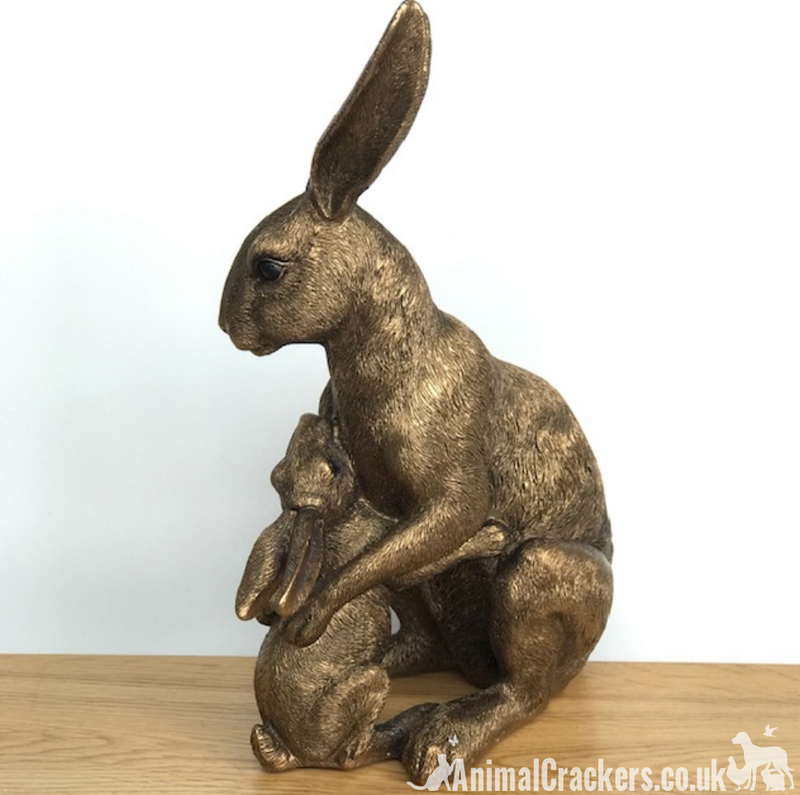 Large (25.5cm high) Leonardo Reflections Bronzed range bronze effect Hare with Baby ornament figurine in quality gold gift box