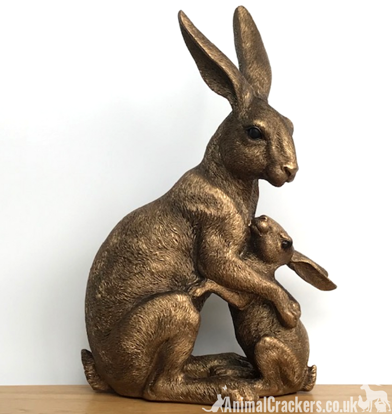 Large (25.5cm high) Leonardo Reflections Bronzed range bronze effect Hare with Baby ornament figurine in quality gold gift box